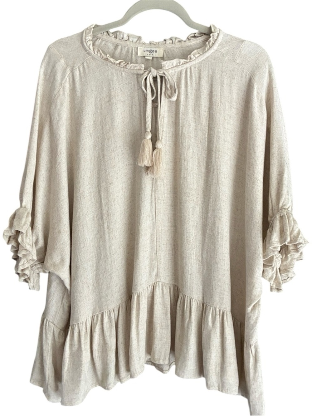 Umgee Linen / Rayon Light Cream Ruffle Tie-Neck Boho Blouse Top Tunic size L